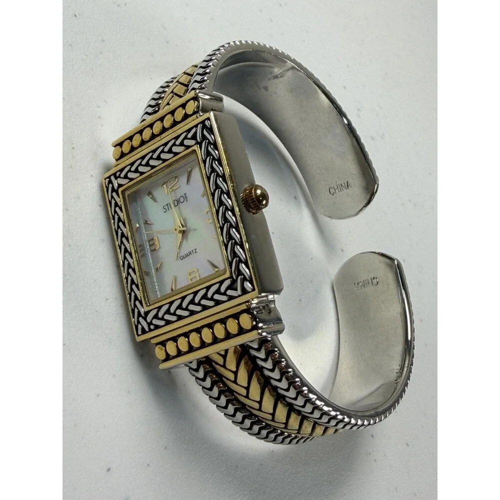 Studio Time Women’s 25mm Quartz Cuff Bangle Watch Two-Tone Mother of Pearl Dial